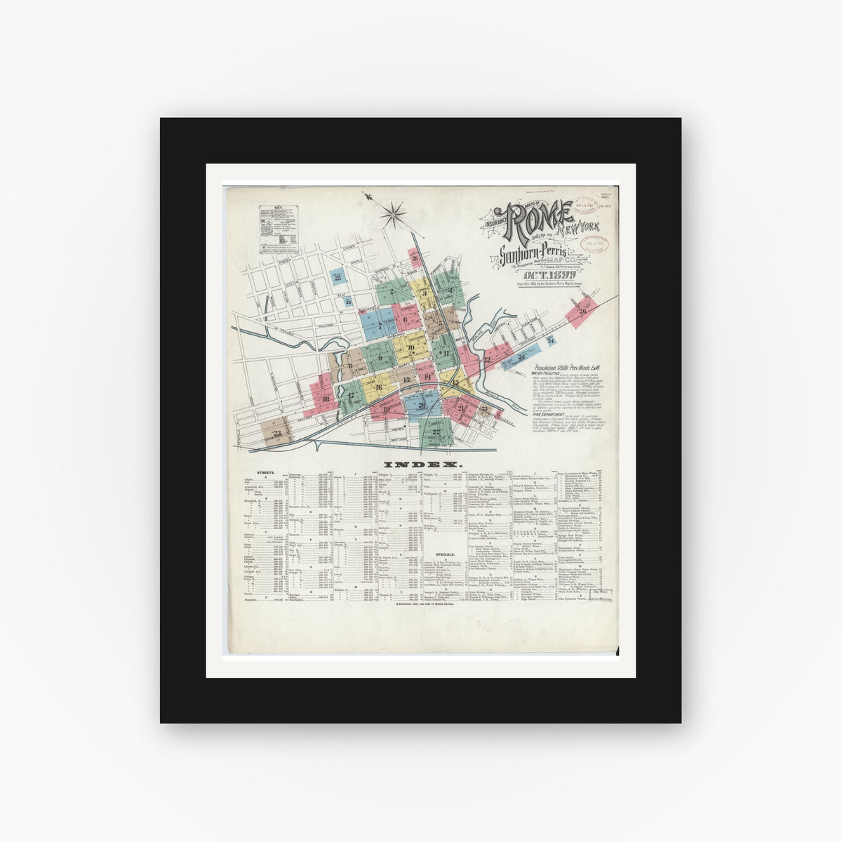 Old map wall art mockup — black gallery frame with white mat — Sanborn Fire Insurance Map from Rome, Oneida County, New York (1899) - Complete Map Set