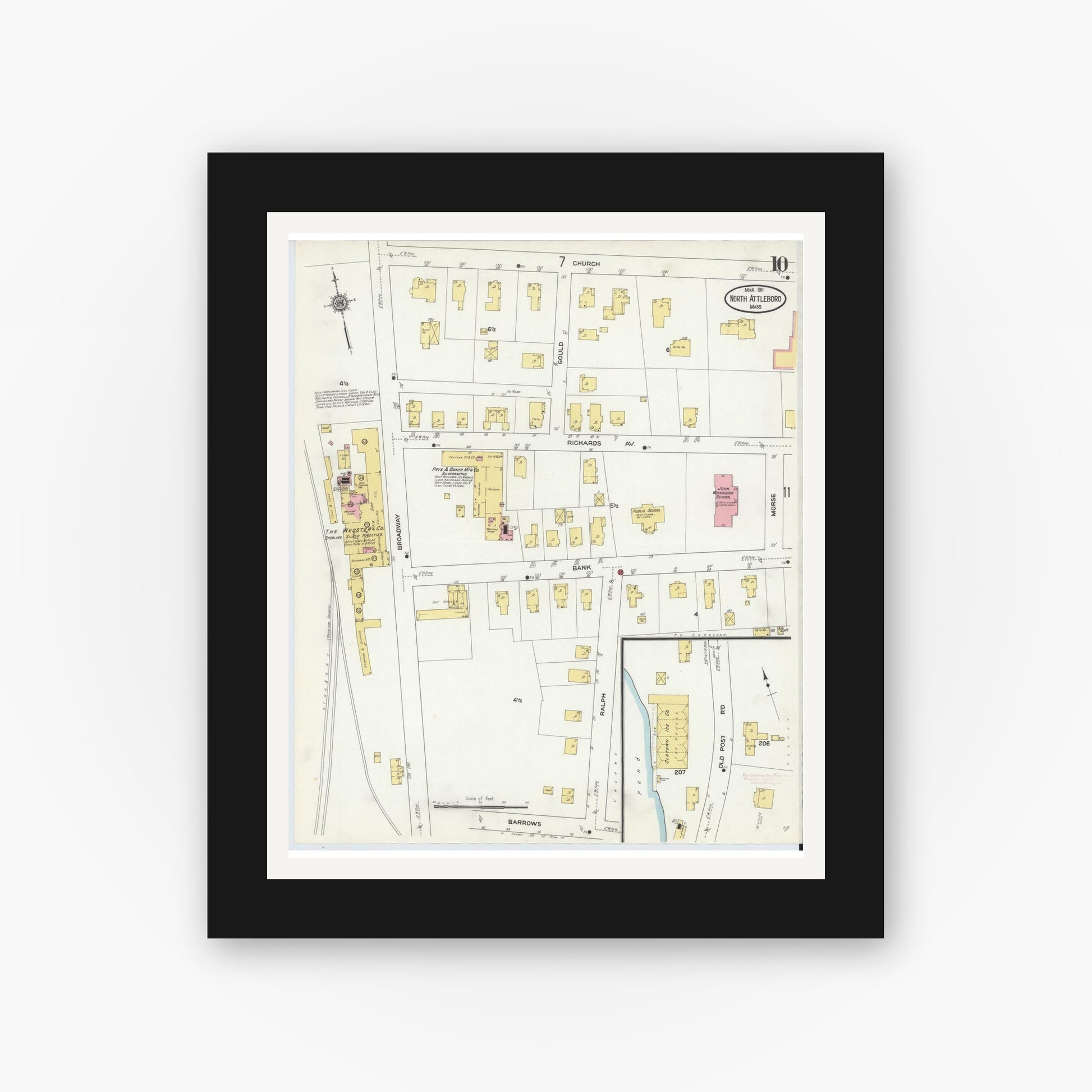 Old map wall art mockup — black gallery frame with white mat — Sanborn Fire Insurance Map from North Attleborough, Bristol County, Massachusetts (1911), Sheet #0010