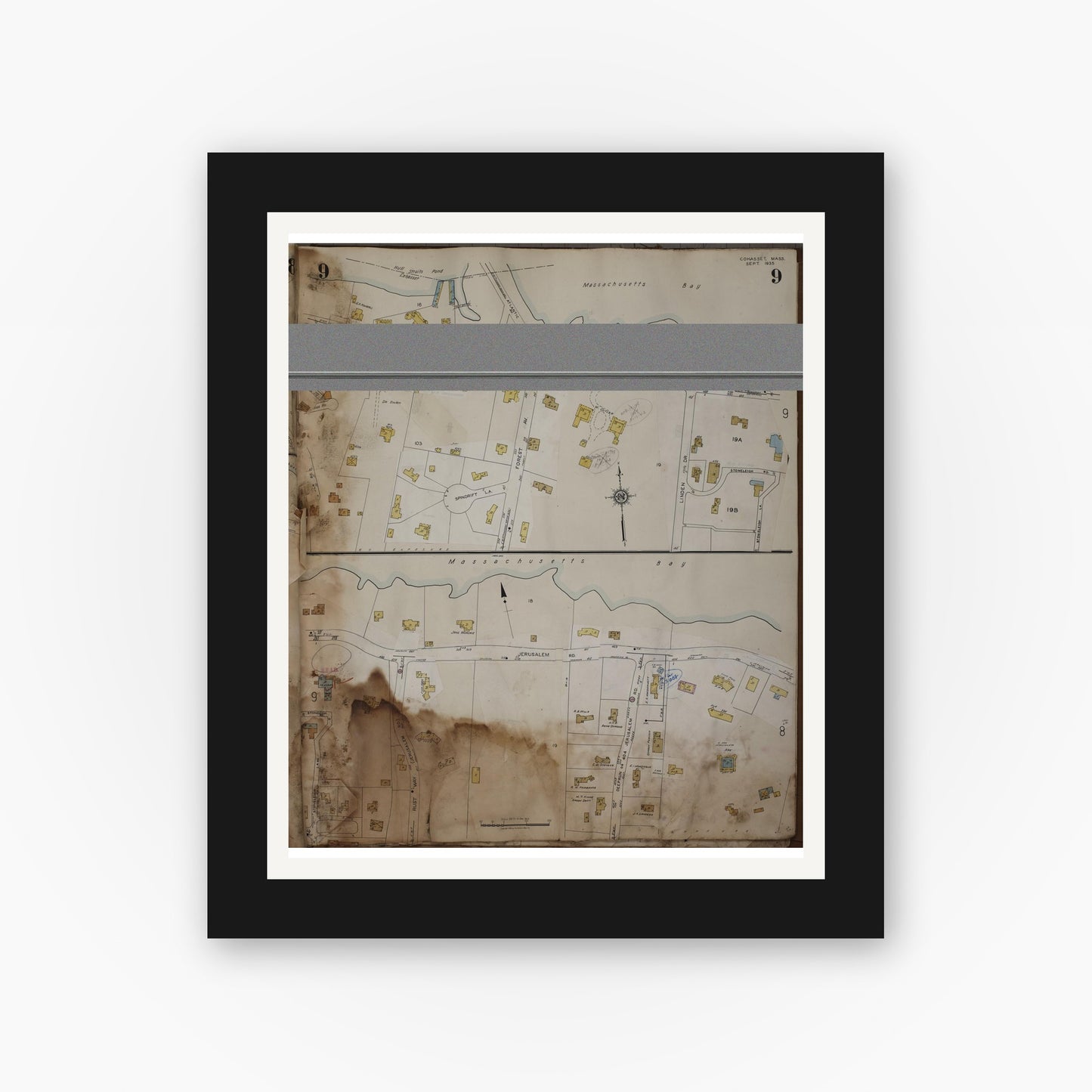 Old map wall art mockup — black gallery frame with white mat — Sanborn Fire Insurance Map from Cohasset, Norfolk County, Massachusetts (1963), Sheet #0009