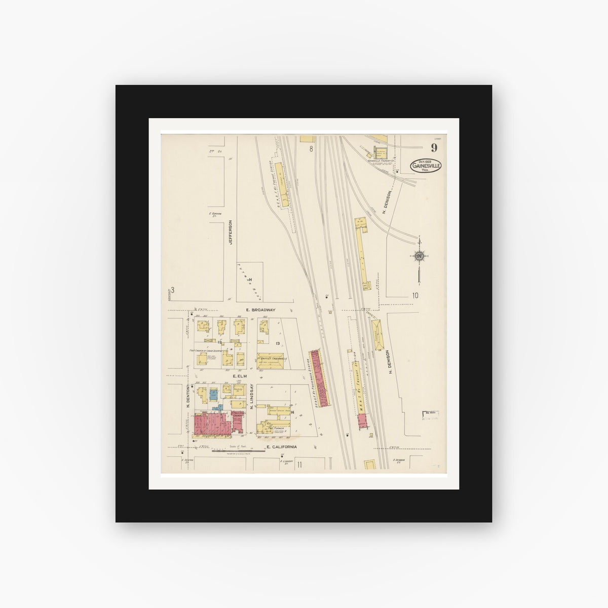 Old map wall art mockup — black gallery frame with white mat — Sanborn Fire Insurance Map from Gainesville, Cooke County, Texas (1922), Sheet #0009