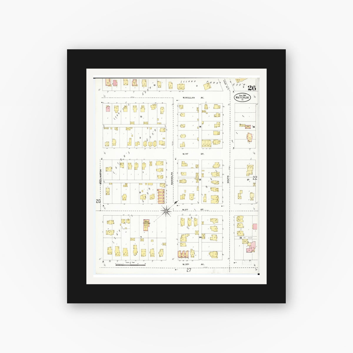 Old map wall art mockup — black gallery frame with white mat — Sanborn Fire Insurance Map from Waterloo, Black Hawk County, Iowa (1906), Sheet #0026