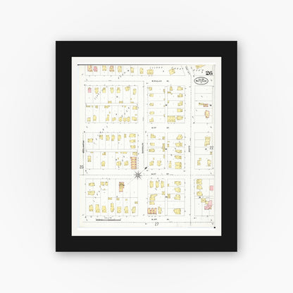 Old map wall art mockup — black gallery frame with white mat — Sanborn Fire Insurance Map from Waterloo, Black Hawk County, Iowa (1906), Sheet #0026