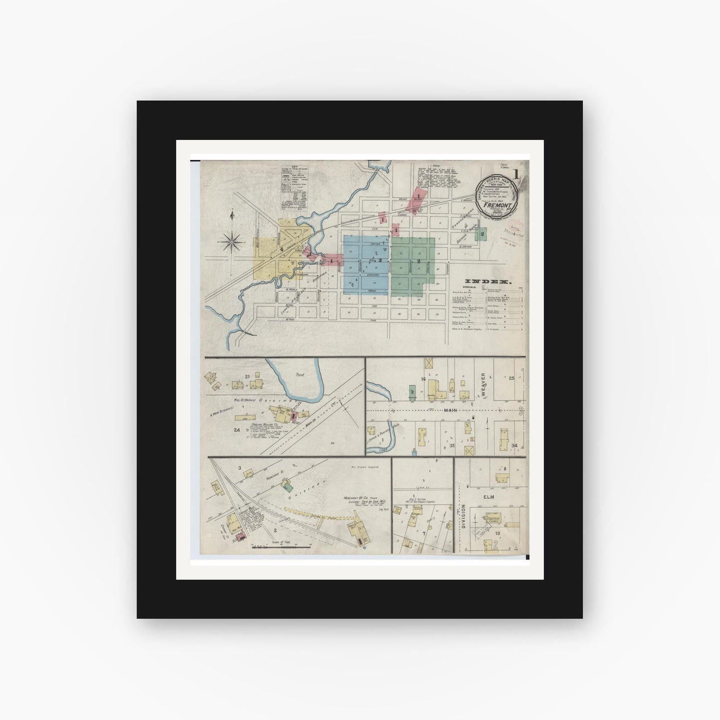 Old map wall art mockup — black gallery frame with white mat — Sanborn Fire Insurance Map from Fremont, Newaygo County, Michigan (1894), Sheet #0001