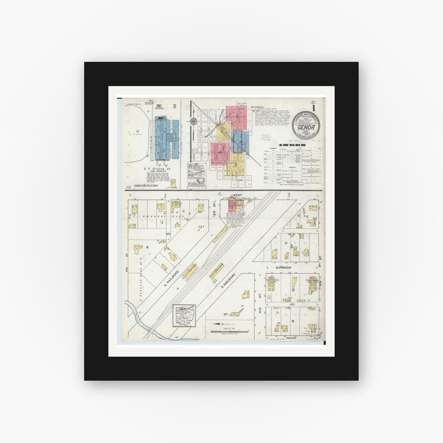 Old map wall art mockup — black gallery frame with white mat — Sanborn Fire Insurance Map from Genoa, Ottawa County, Ohio (1920) - Complete Map Set
