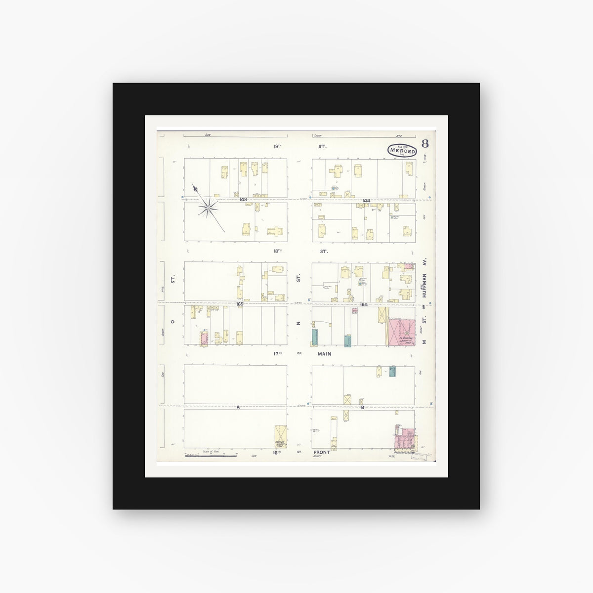 Old map wall art mockup — black gallery frame with white mat — Sanborn Fire Insurance Map from Merced, Merced County, California (1891), Sheet #0008