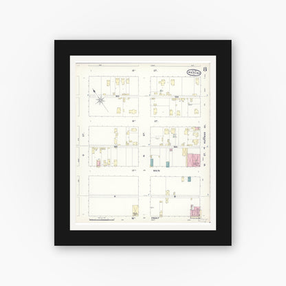 Old map wall art mockup — black gallery frame with white mat — Sanborn Fire Insurance Map from Merced, Merced County, California (1891), Sheet #0008