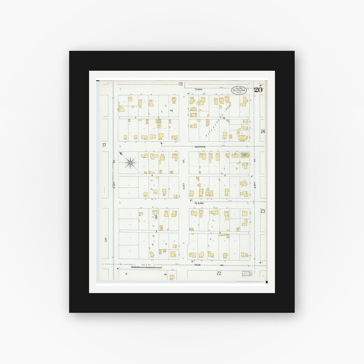 Old map wall art mockup — black gallery frame with white mat — Sanborn Fire Insurance Map from Alpena, Alpena County, Michigan (1901), Sheet #0020
