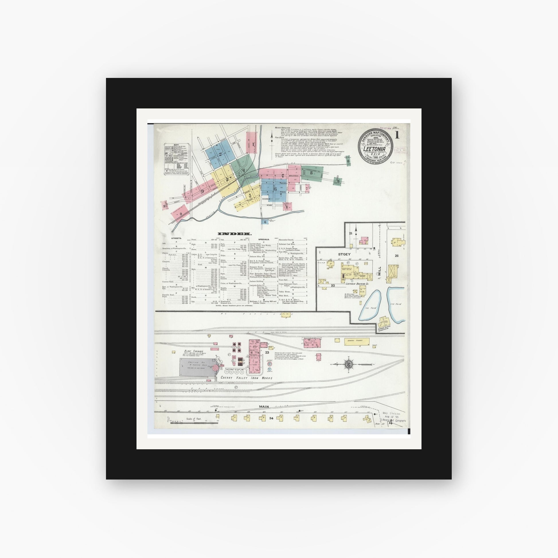 Old map wall art mockup — black gallery frame with white mat — Sanborn Fire Insurance Map from Leetonia, Columbiana County, Ohio (1910), Sheet #0001