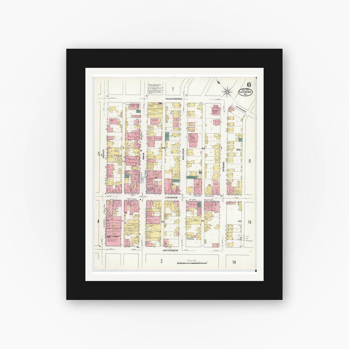 Old map wall art mockup — black gallery frame with white mat — Sanborn Fire Insurance Map from Latrobe, Westmoreland County, Pennsylvania (1909), Sheet #0006
