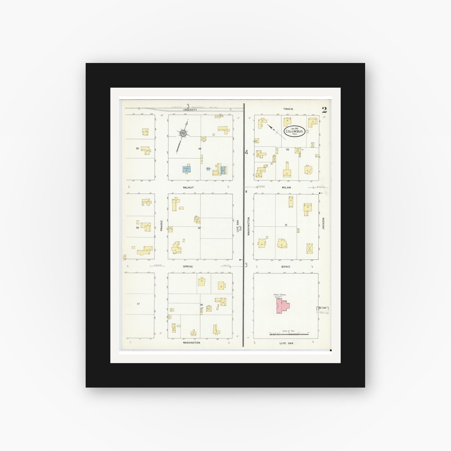Old map wall art mockup — black gallery frame with white mat — Sanborn Fire Insurance Map from Columbus, Colorado County, Texas (1912), Sheet #0002