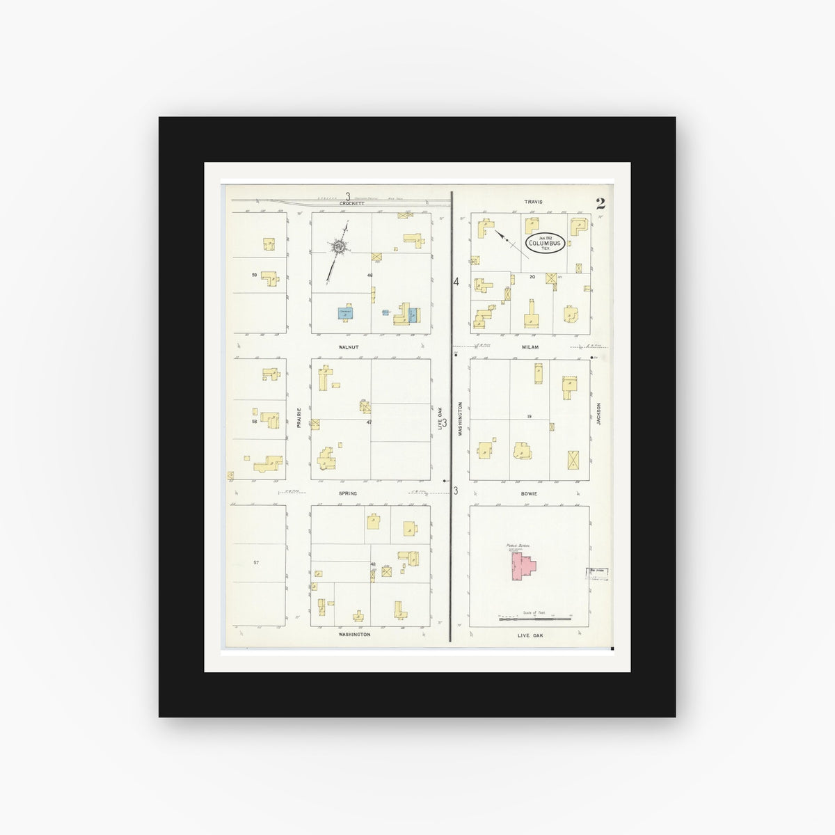 Old map wall art mockup — black gallery frame with white mat — Sanborn Fire Insurance Map from Columbus, Colorado County, Texas (1912), Sheet #0002