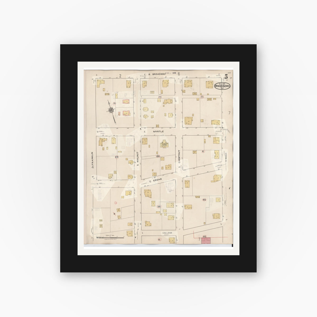 Old map wall art mockup — black gallery frame with white mat — Sanborn Fire Insurance Map from Winnsboro, Wood County, Texas (1943), Sheet #0005