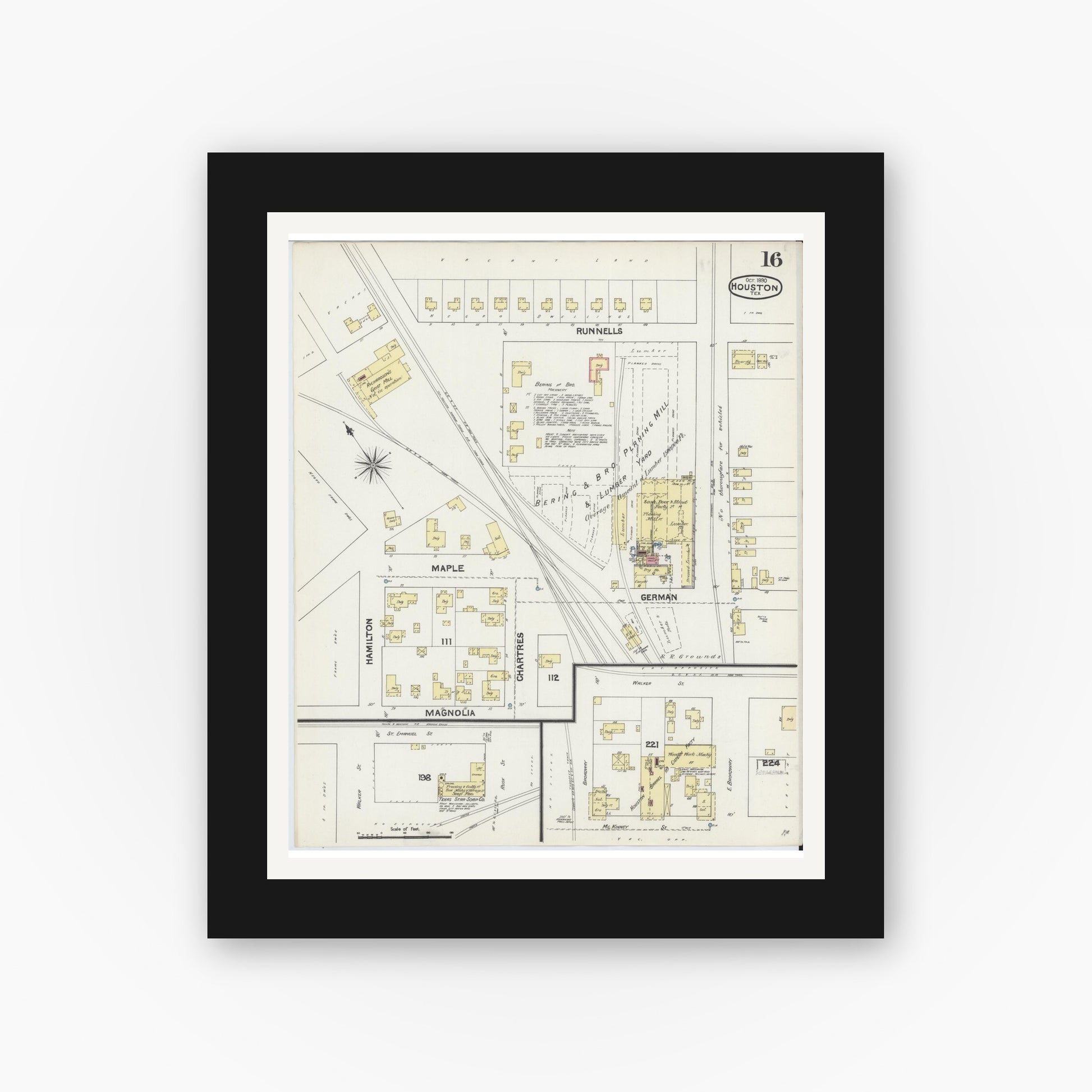 Old map wall art mockup — black gallery frame with white mat — Sanborn Fire Insurance Map from Houston, Harris County, Texas (1890), Sheet #0016