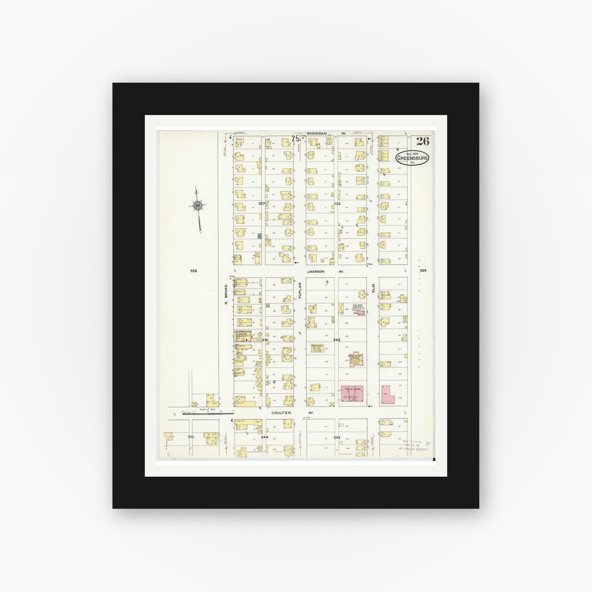 Old map wall art mockup — black gallery frame with white mat — Sanborn Fire Insurance Map from Greensburg, Westmoreland County, Pennsylvania (1909), Sheet #0026