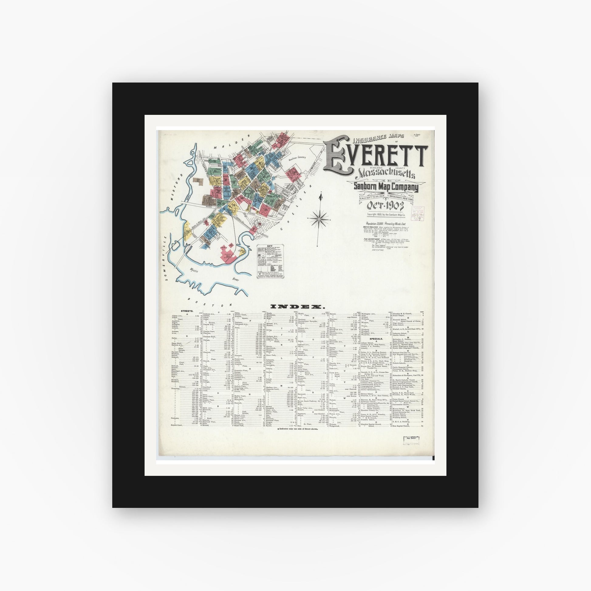 Old map wall art mockup — black gallery frame with white mat — Sanborn Fire Insurance Map from Everett, Middlesex County, Massachusetts (1903) - Complete Map Set