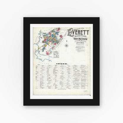 Old map wall art mockup — black gallery frame with white mat — Sanborn Fire Insurance Map from Everett, Middlesex County, Massachusetts (1903) - Complete Map Set