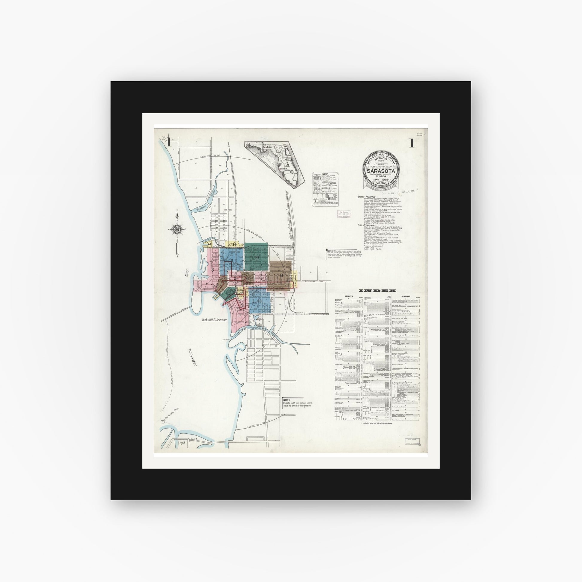 Old map wall art mockup — black gallery frame with white mat — Sanborn Fire Insurance Map from Sarasota, Sarasota County, Florida (1925), Sheet #0001