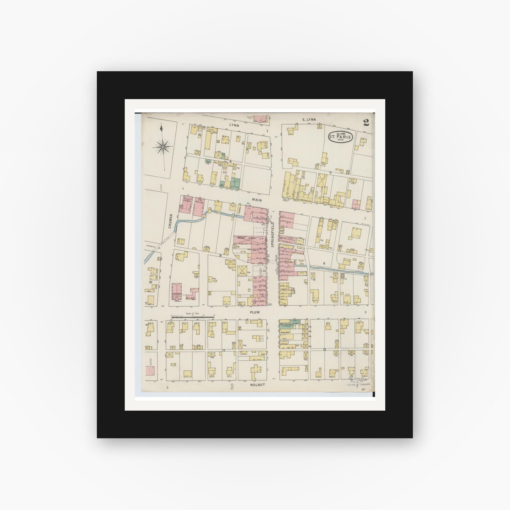 Old map wall art mockup — black gallery frame with white mat — Sanborn Fire Insurance Map from Saint Paris, Champaign County, Ohio (1895), Sheet #0002