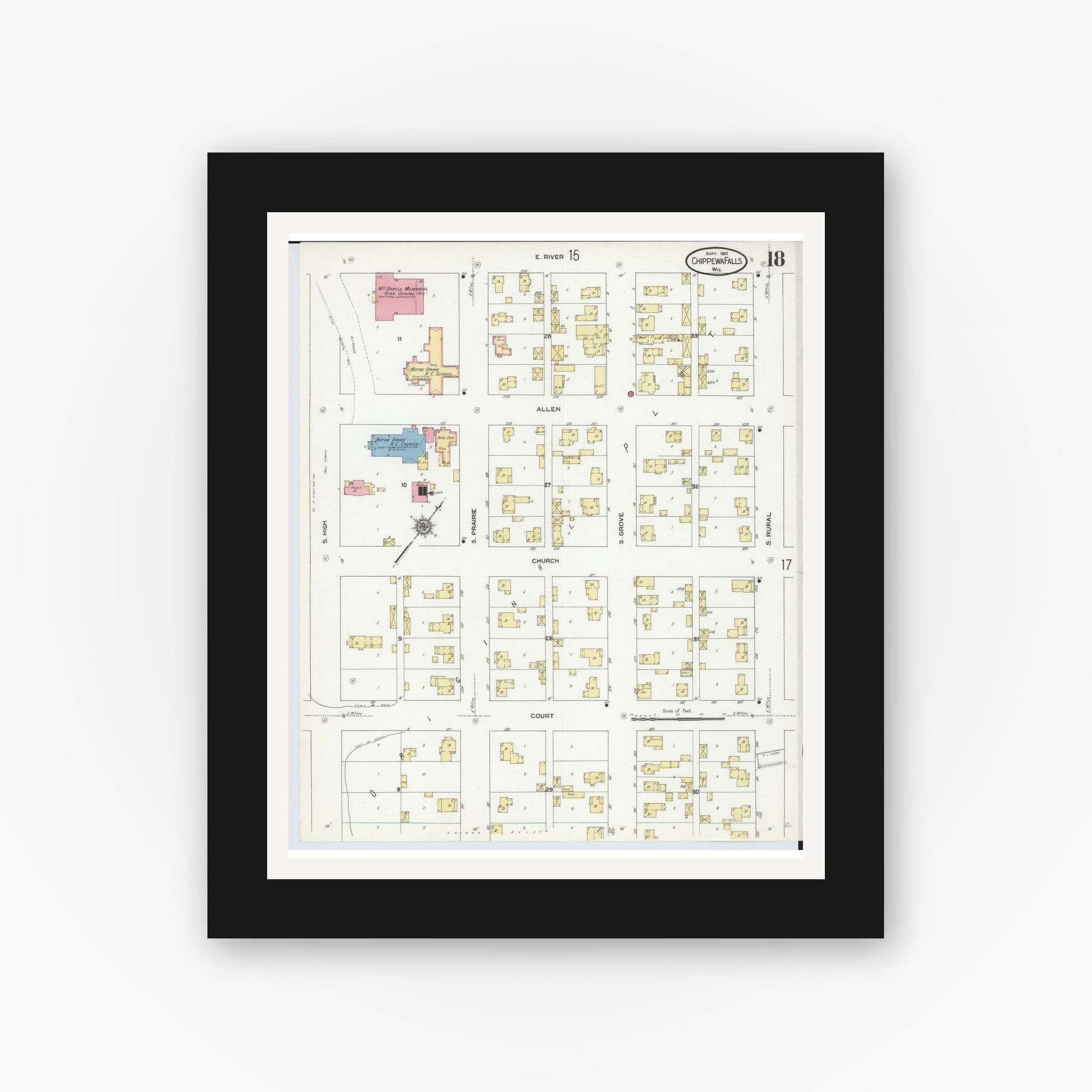Old map wall art mockup — black gallery frame with white mat — Sanborn Fire Insurance Map from Chippewa Falls, Chippewa County, Wisconsin (1910), Sheet #0018