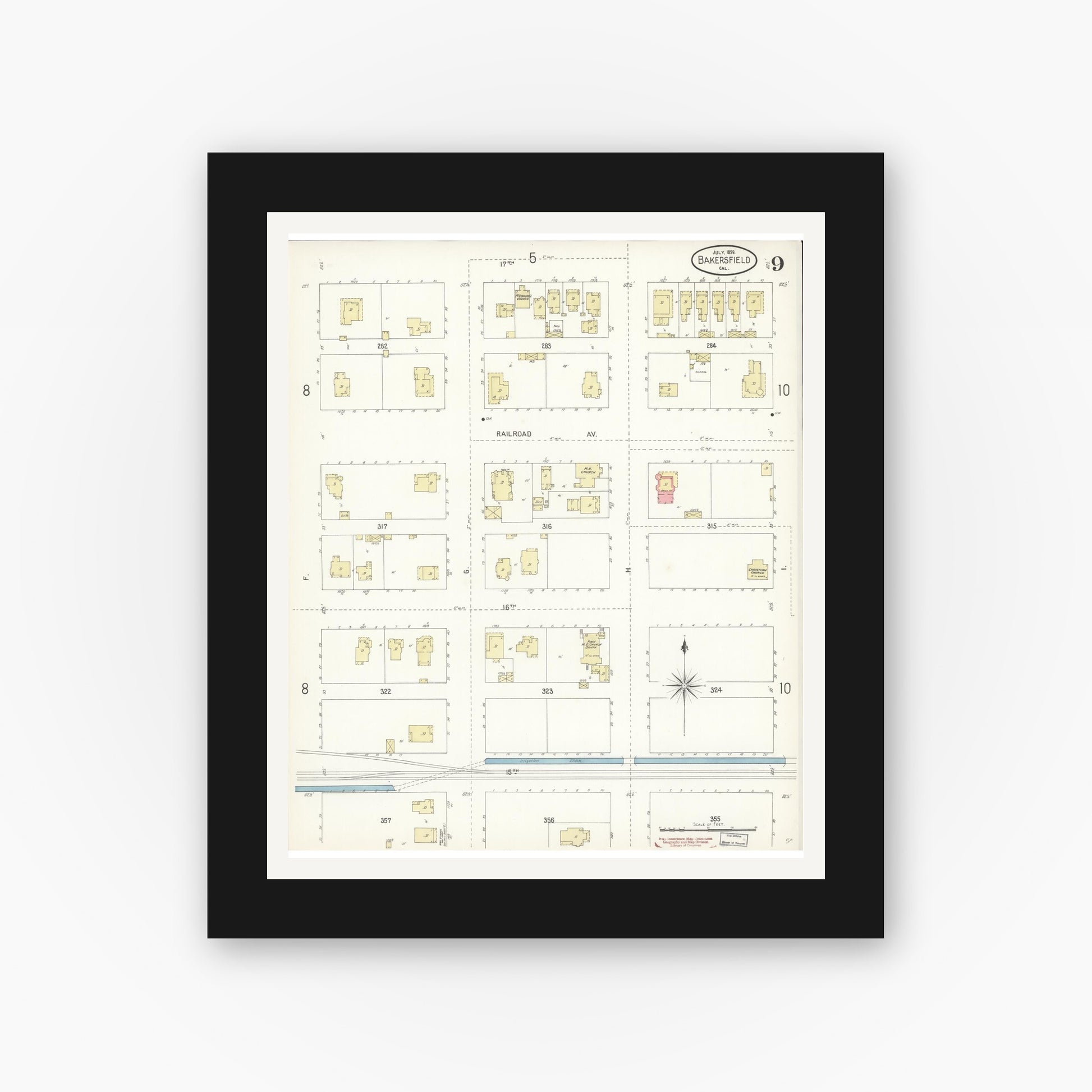 Old map wall art mockup — black gallery frame with white mat — Sanborn Fire Insurance Map from Bakersfield, Kern County, California (1899), Sheet #0009