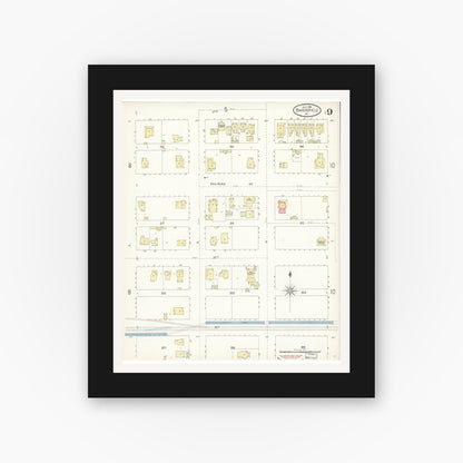 Old map wall art mockup — black gallery frame with white mat — Sanborn Fire Insurance Map from Bakersfield, Kern County, California (1899), Sheet #0009
