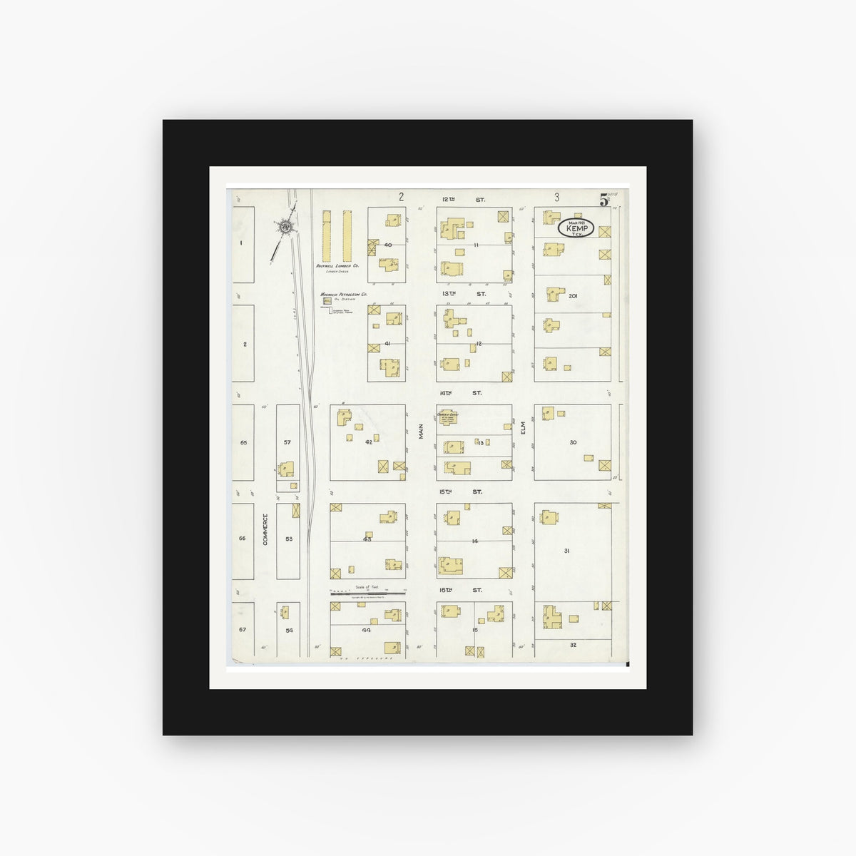 Old map wall art mockup — black gallery frame with white mat — Sanborn Fire Insurance Map from Kemp, Kaufman County, Texas (1921), Sheet #0005