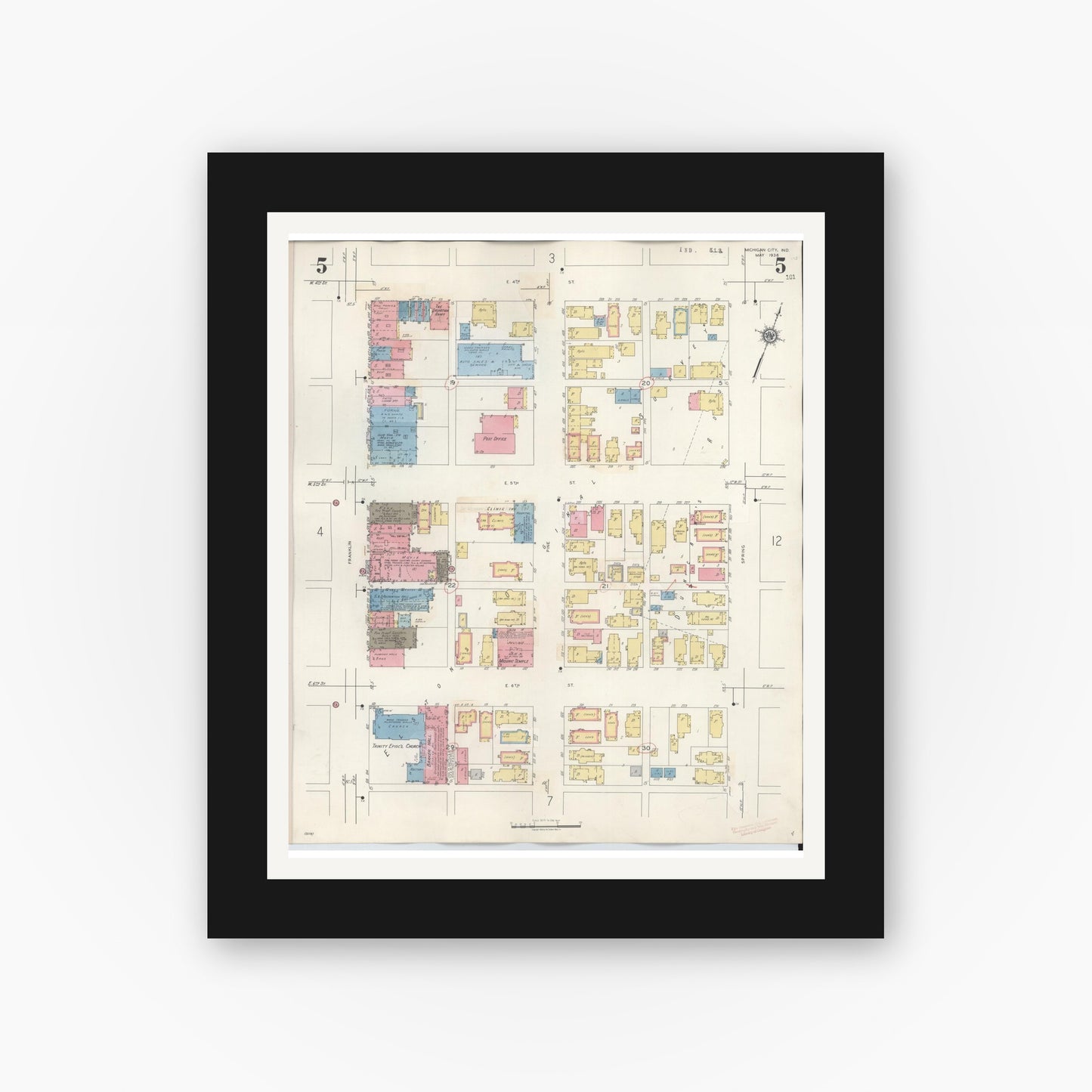 Old map wall art mockup — black gallery frame with white mat — Sanborn Fire Insurance Map from Michigan City, La Porte County, Indiana (1948), Sheet #0005