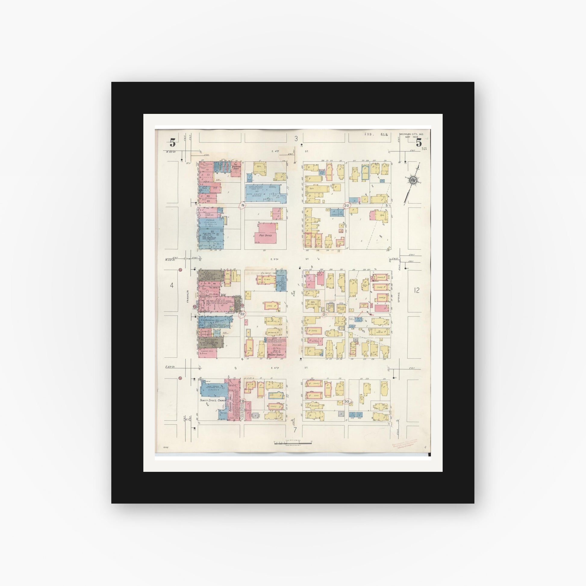 Old map wall art mockup — black gallery frame with white mat — Sanborn Fire Insurance Map from Michigan City, La Porte County, Indiana (1948), Sheet #0005