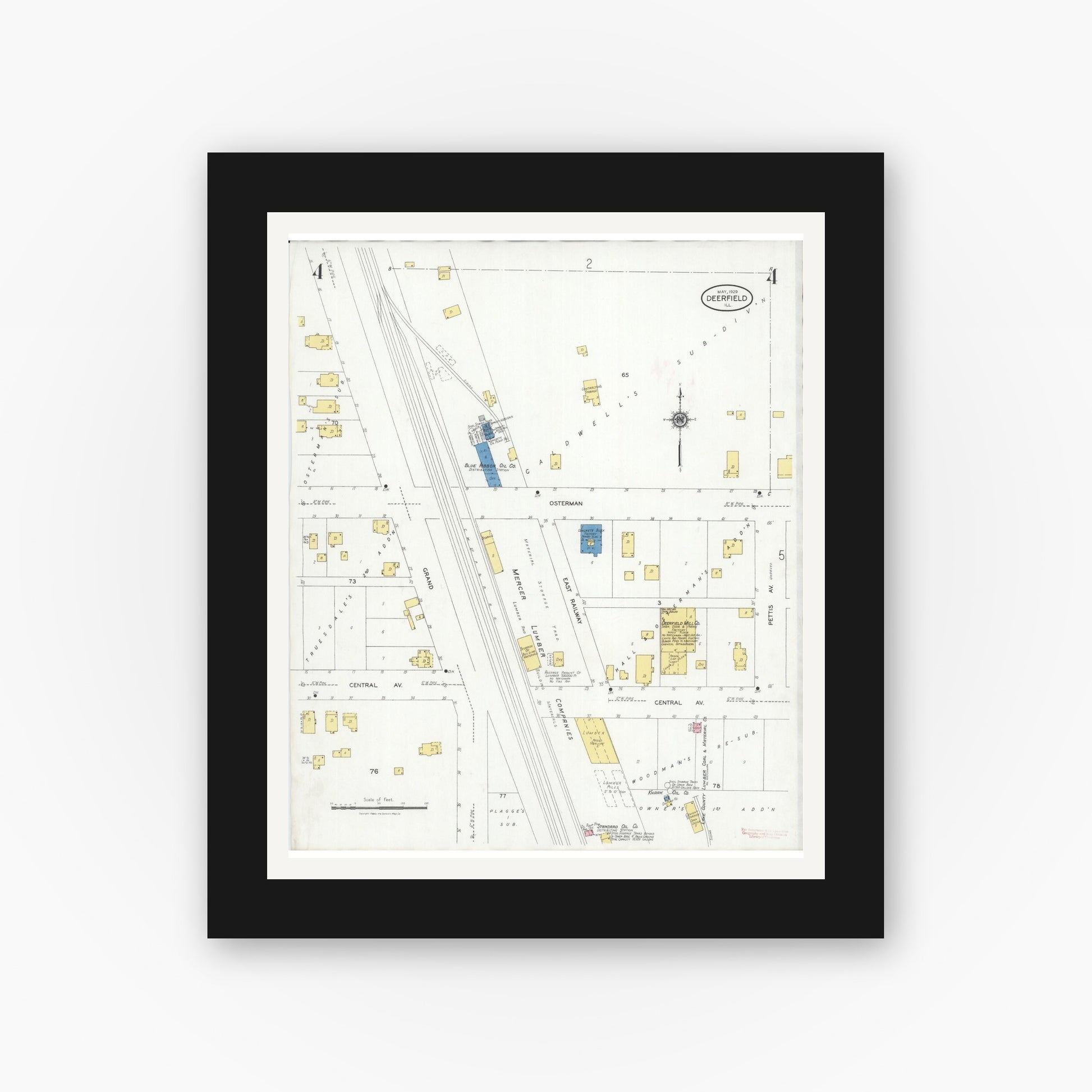 Old map wall art mockup — black gallery frame with white mat — Sanborn Fire Insurance Map from Deerfield, Lake County, Illinois (1929), Sheet #0004