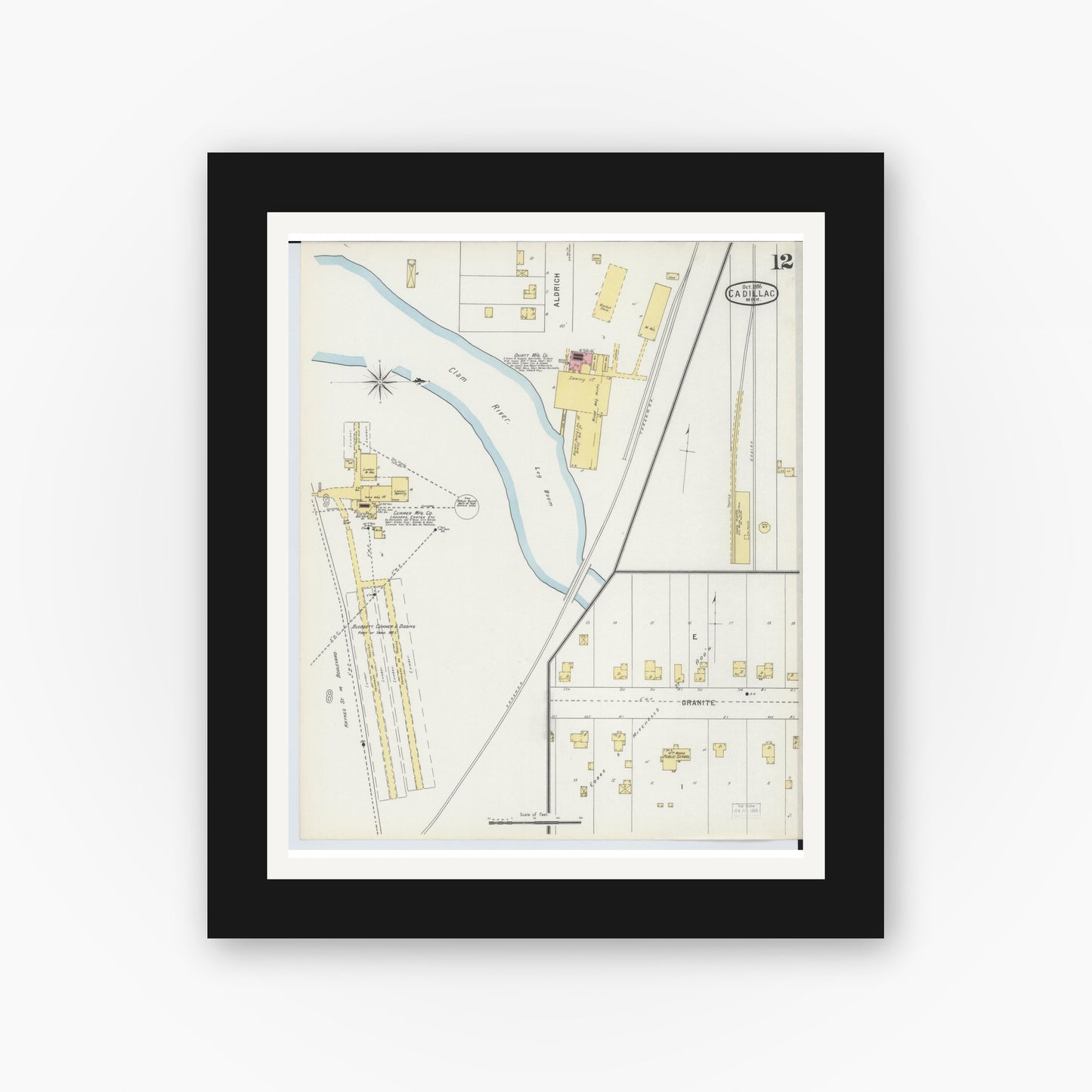 Old map wall art mockup — black gallery frame with white mat — Sanborn Fire Insurance Map from Cadillac, Wexford County, Michigan (1895), Sheet #0012