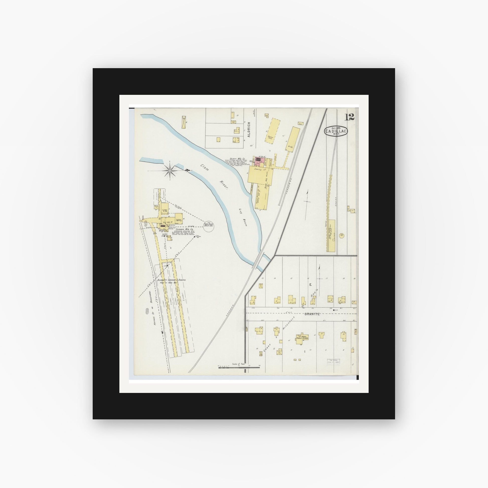Old map wall art mockup — black gallery frame with white mat — Sanborn Fire Insurance Map from Cadillac, Wexford County, Michigan (1895), Sheet #0012