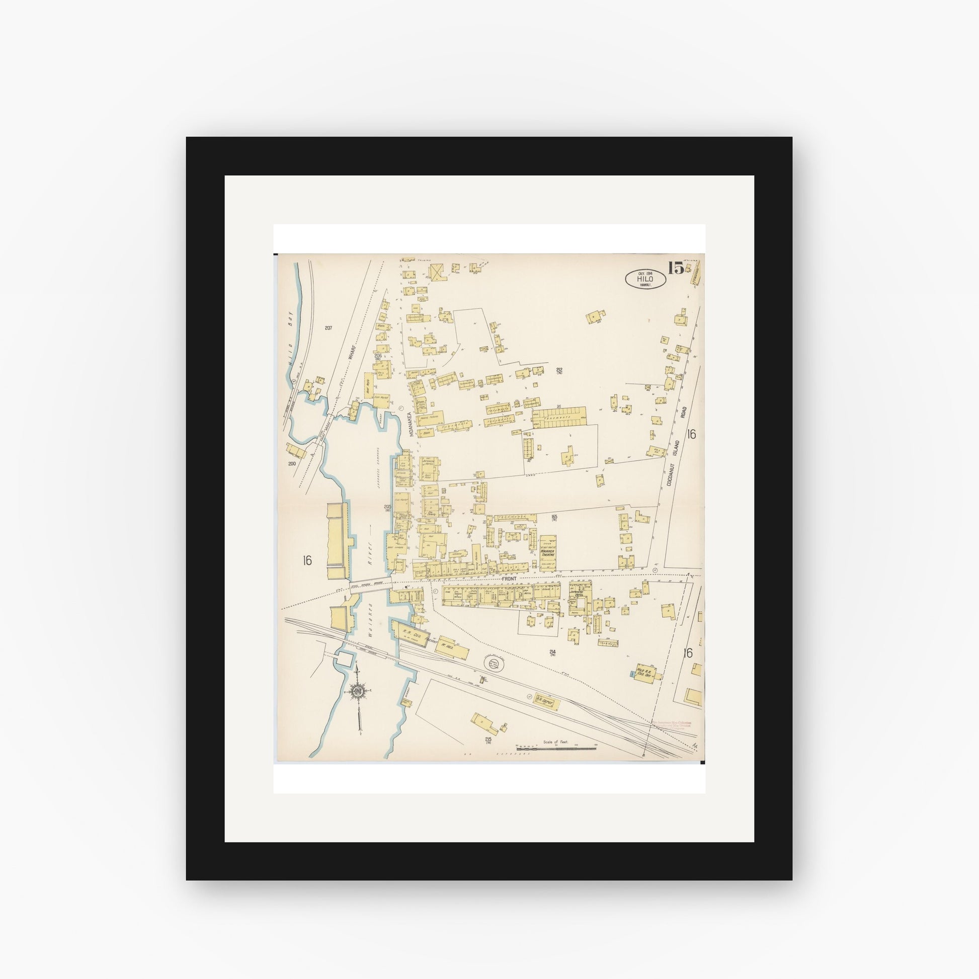 Old map wall art mockup — black gallery frame with white mat — Sanborn Fire Insurance Map from Hilo, Hawaii County, Hawaii (1914), Sheet #0015