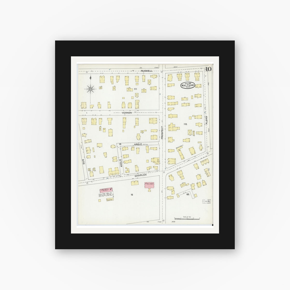 Old map wall art mockup — black gallery frame with white mat — Sanborn Fire Insurance Map from Waltham, Middlesex County, Massachusetts (1892), Sheet #0010