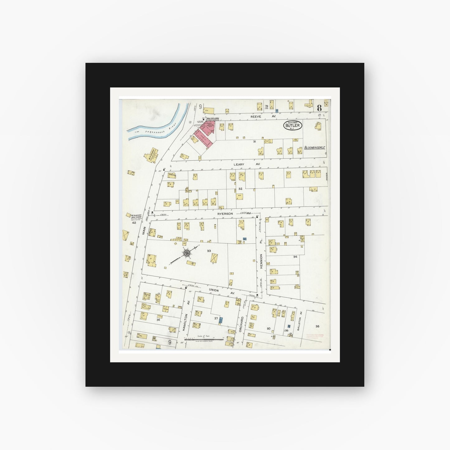 Old map wall art mockup — black gallery frame with white mat — Sanborn Fire Insurance Map from Butler, Morris County, New Jersey (1920), Sheet #0008