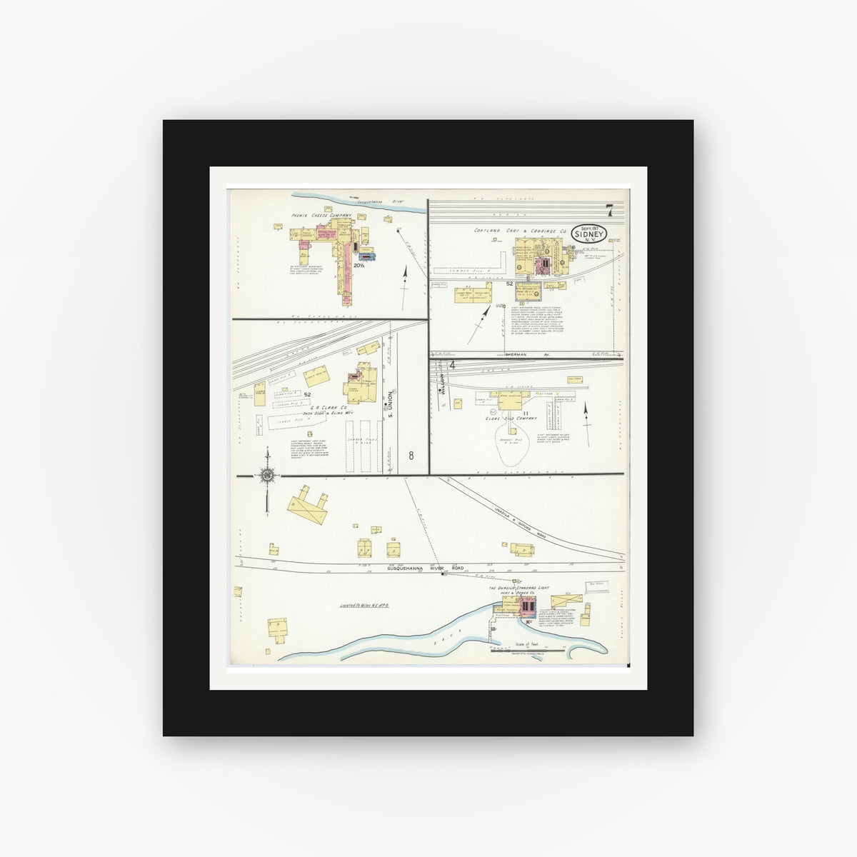 Old map wall art mockup — black gallery frame with white mat — Sanborn Fire Insurance Map from Sidney, Delaware County, New York (1917), Sheet #0007