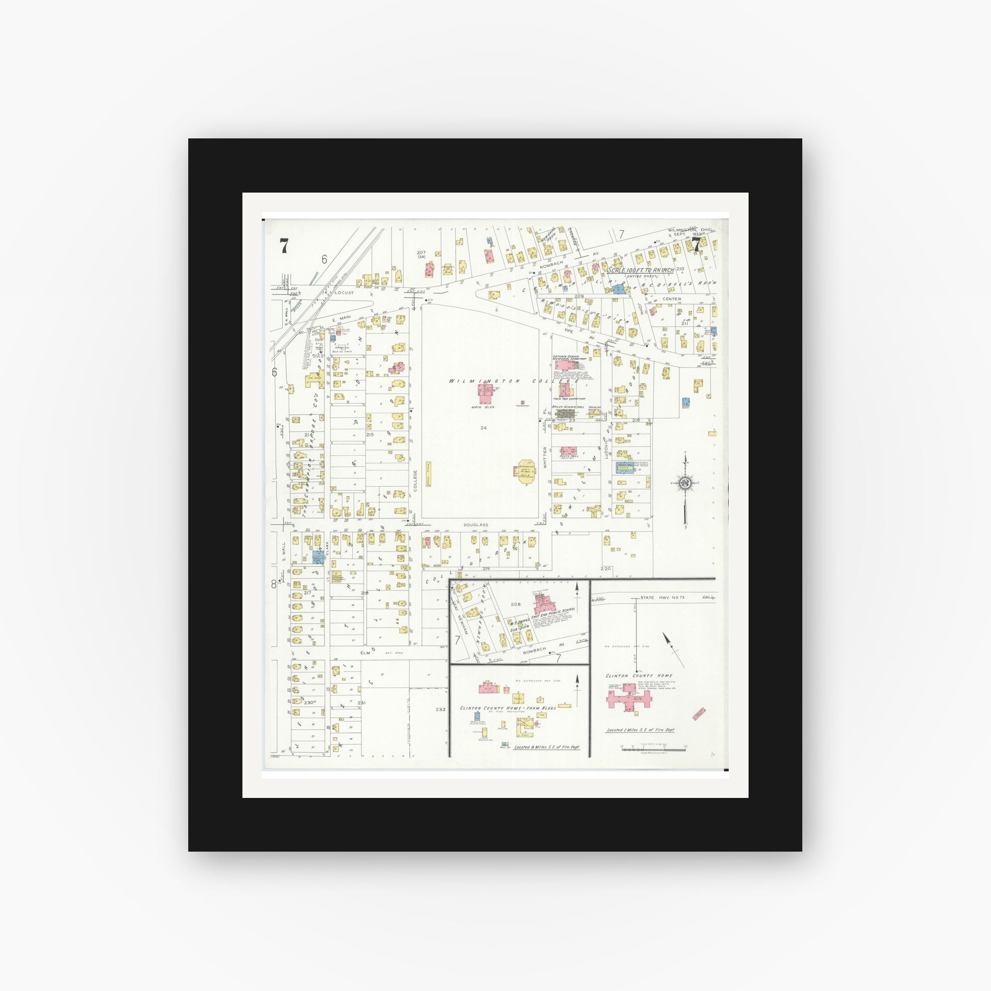 Old map wall art mockup — black gallery frame with white mat — Sanborn Fire Insurance Map from Wilmington, Clinton County, Ohio (1933), Sheet #0007