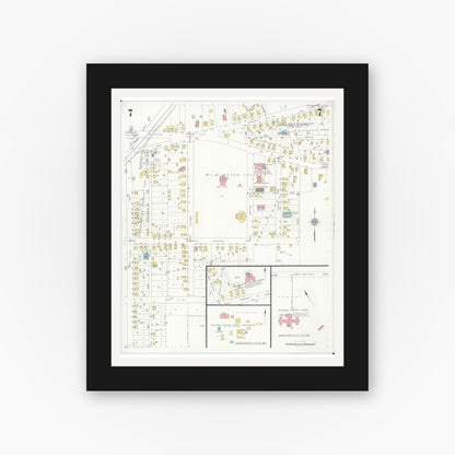 Old map wall art mockup — black gallery frame with white mat — Sanborn Fire Insurance Map from Wilmington, Clinton County, Ohio (1933), Sheet #0007