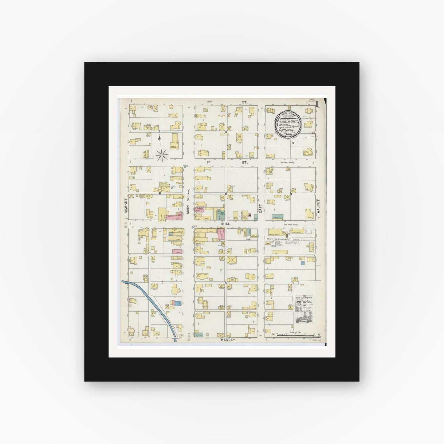 Old map wall art mockup — black gallery frame with white mat — Sanborn Fire Insurance Map from Carthage, Rush County, Indiana (1892), Sheet #0001