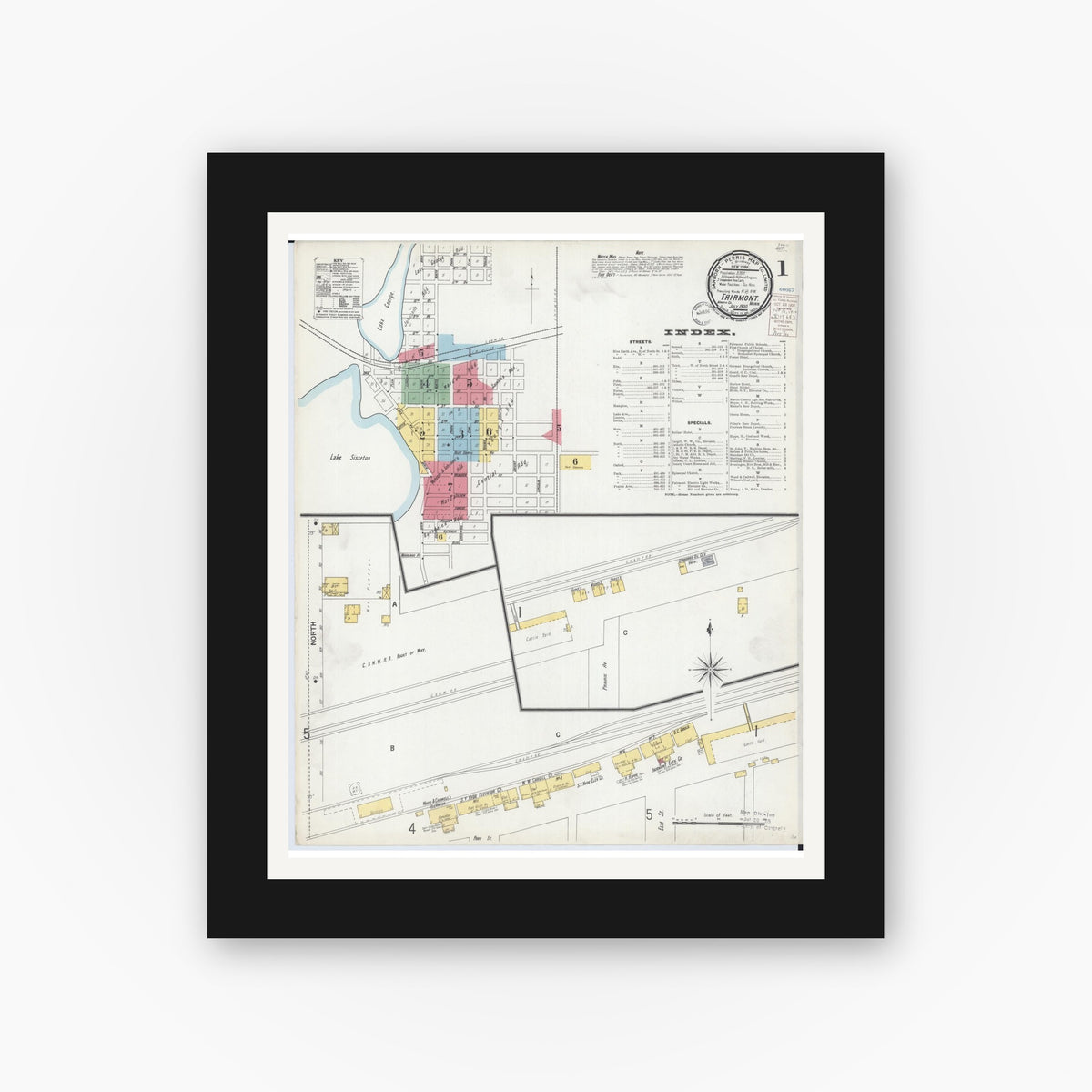 Old map wall art mockup — black gallery frame with white mat — Sanborn Fire Insurance Map from Fairmont, Martin County, Minnesota (1900) - Complete Map Set