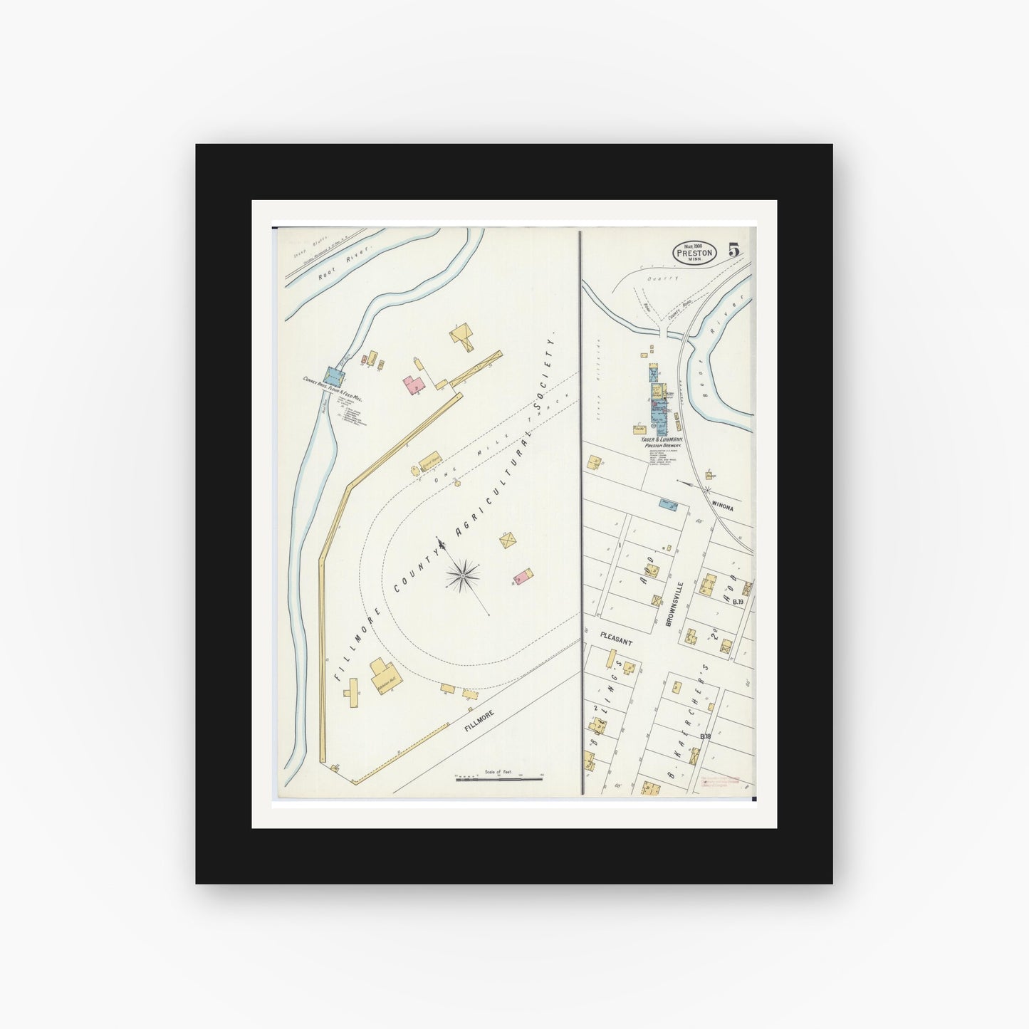 Old map wall art mockup — black gallery frame with white mat — Sanborn Fire Insurance Map from Preston, Fillmore County, Minnesota (1900), Sheet #0005