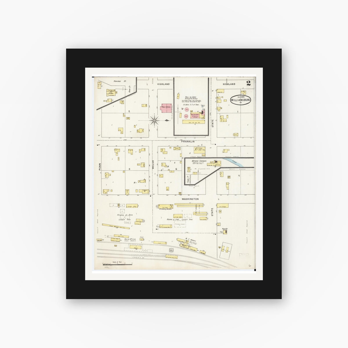 Old map wall art mockup — black gallery frame with white mat — Sanborn Fire Insurance Map from Williamsburg, Iowa County, Iowa (1895), Sheet #0002