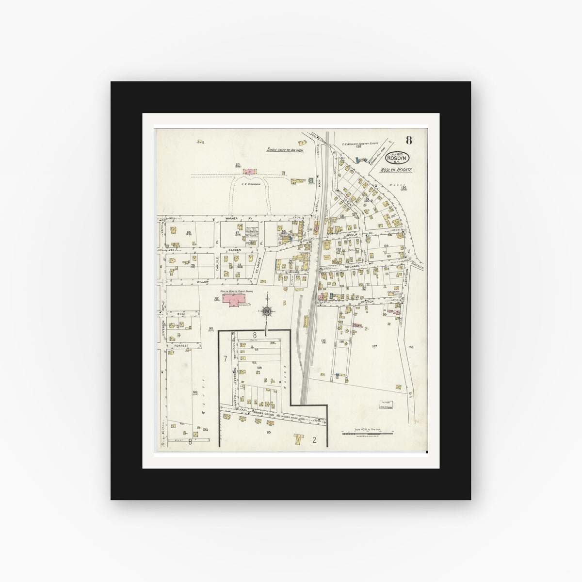 Old map wall art mockup — black gallery frame with white mat — Sanborn Fire Insurance Map from Roslyn, Nassau County, New York (1920), Sheet #0008