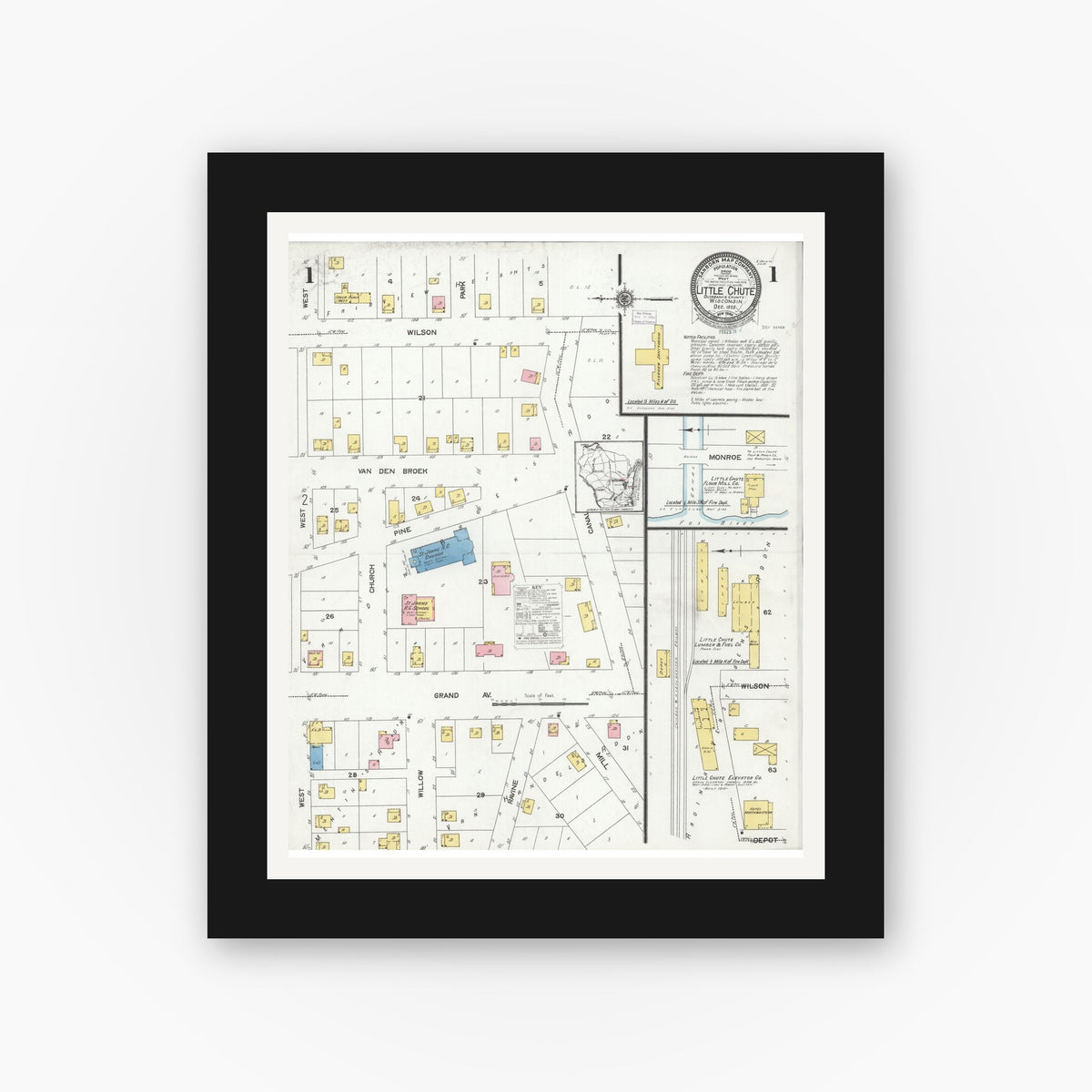 Old map wall art mockup — black gallery frame with white mat — Sanborn Fire Insurance Map from Little Chute, Outagamie County, Wisconsin (1925), Sheet #0001