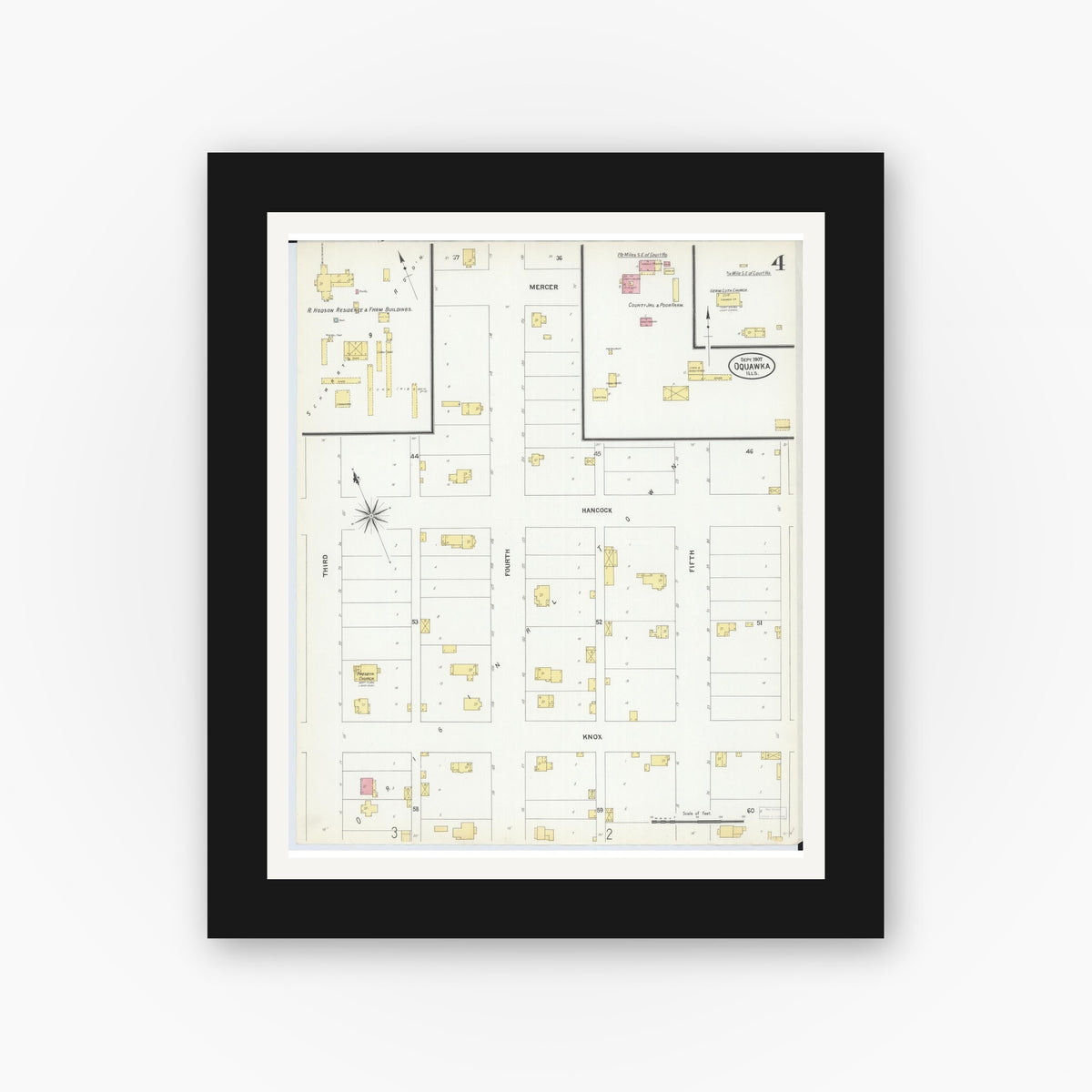 Old map wall art mockup — black gallery frame with white mat — Sanborn Fire Insurance Map from Oquawka, Henderson County, Illinois (1907), Sheet #0004