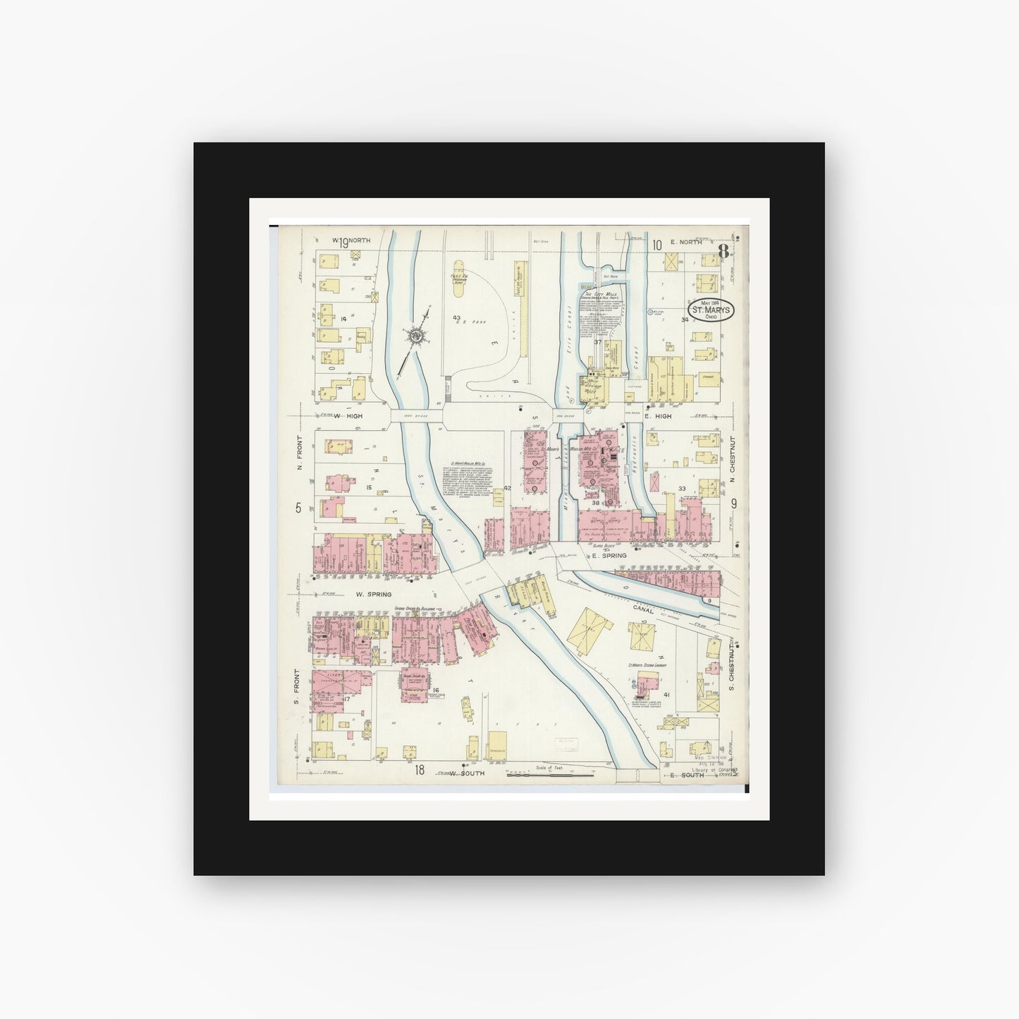 Old map wall art mockup — black gallery frame with white mat — Sanborn Fire Insurance Map from Saint Marys, Auglaize County, Ohio (1914), Sheet #0008