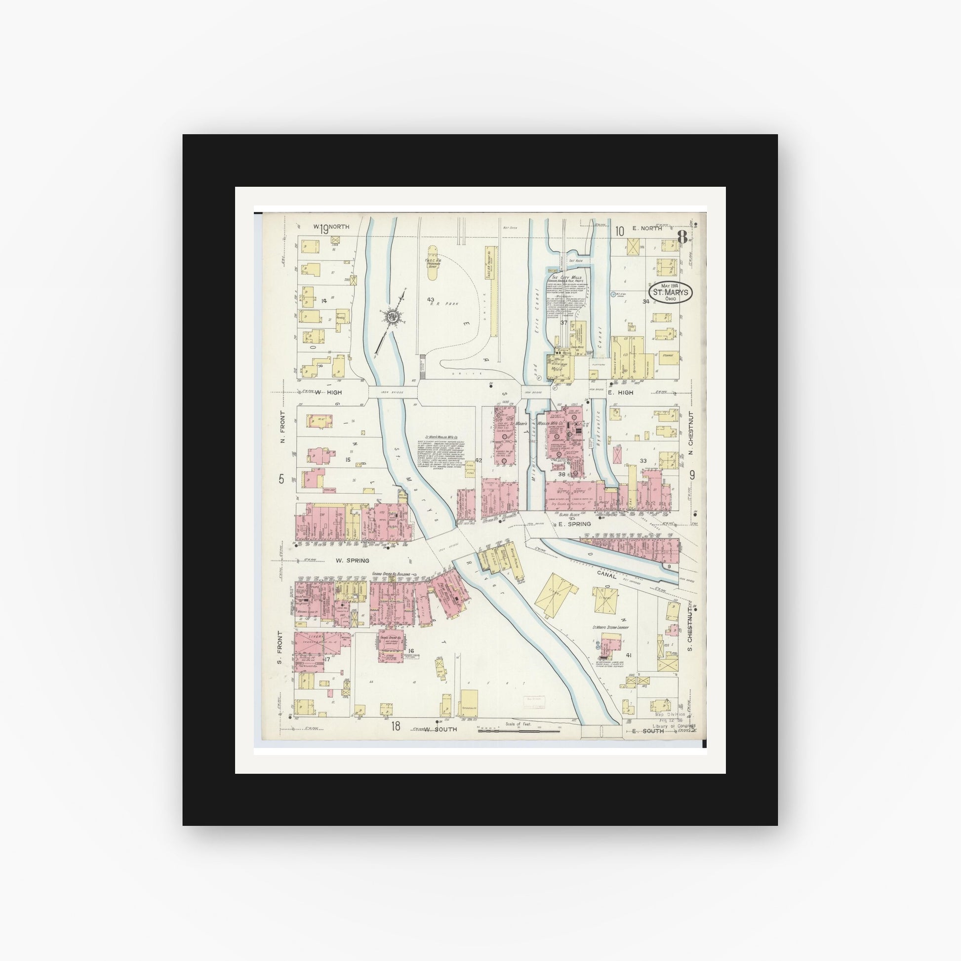 Old map wall art mockup — black gallery frame with white mat — Sanborn Fire Insurance Map from Saint Marys, Auglaize County, Ohio (1914), Sheet #0008