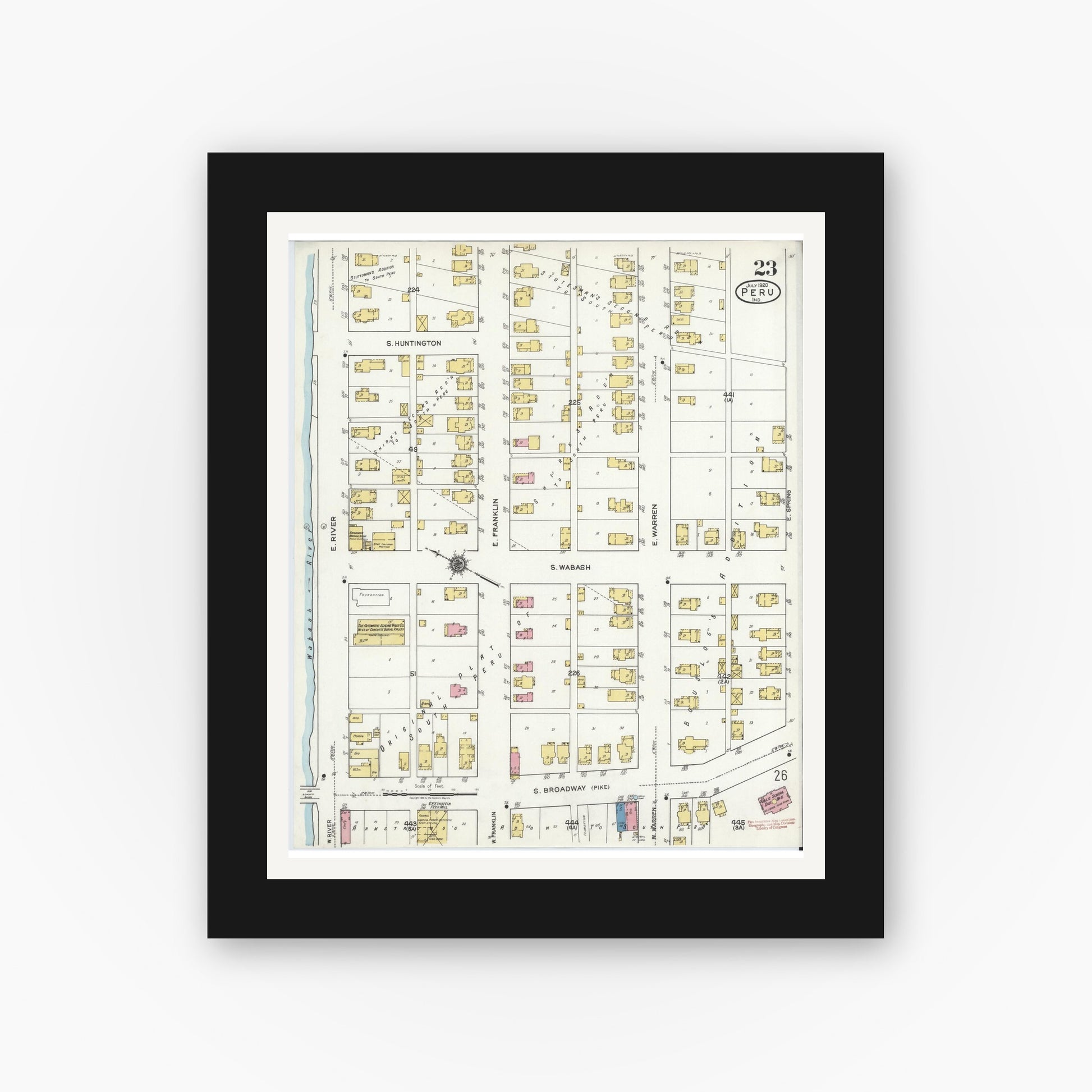 Old map wall art mockup — black gallery frame with white mat — Sanborn Fire Insurance Map from Peru, Miami County, Indiana (1920), Sheet #0023
