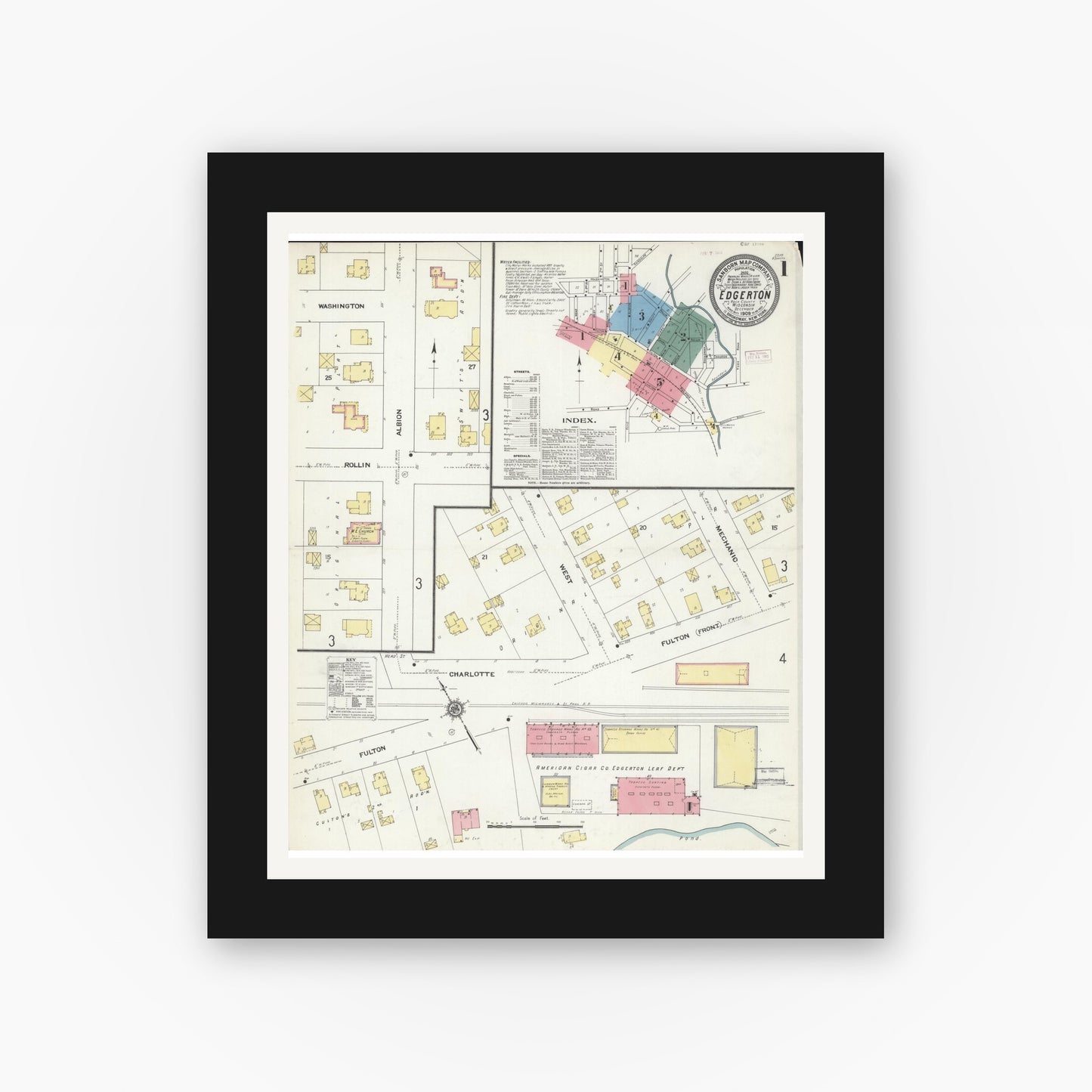 Old map wall art mockup — black gallery frame with white mat — Sanborn Fire Insurance Map from Edgerton, Rock County, Wisconsin (1909) - Complete Map Set