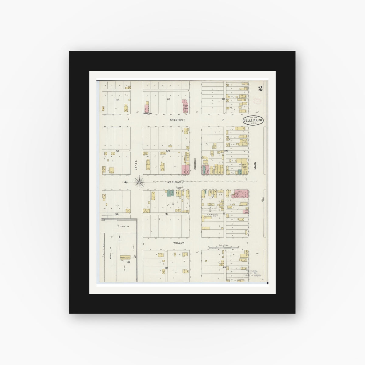 Old map wall art mockup — black gallery frame with white mat — Sanborn Fire Insurance Map from Belle Plaine, Scott County, Minnesota (1894), Sheet #0002