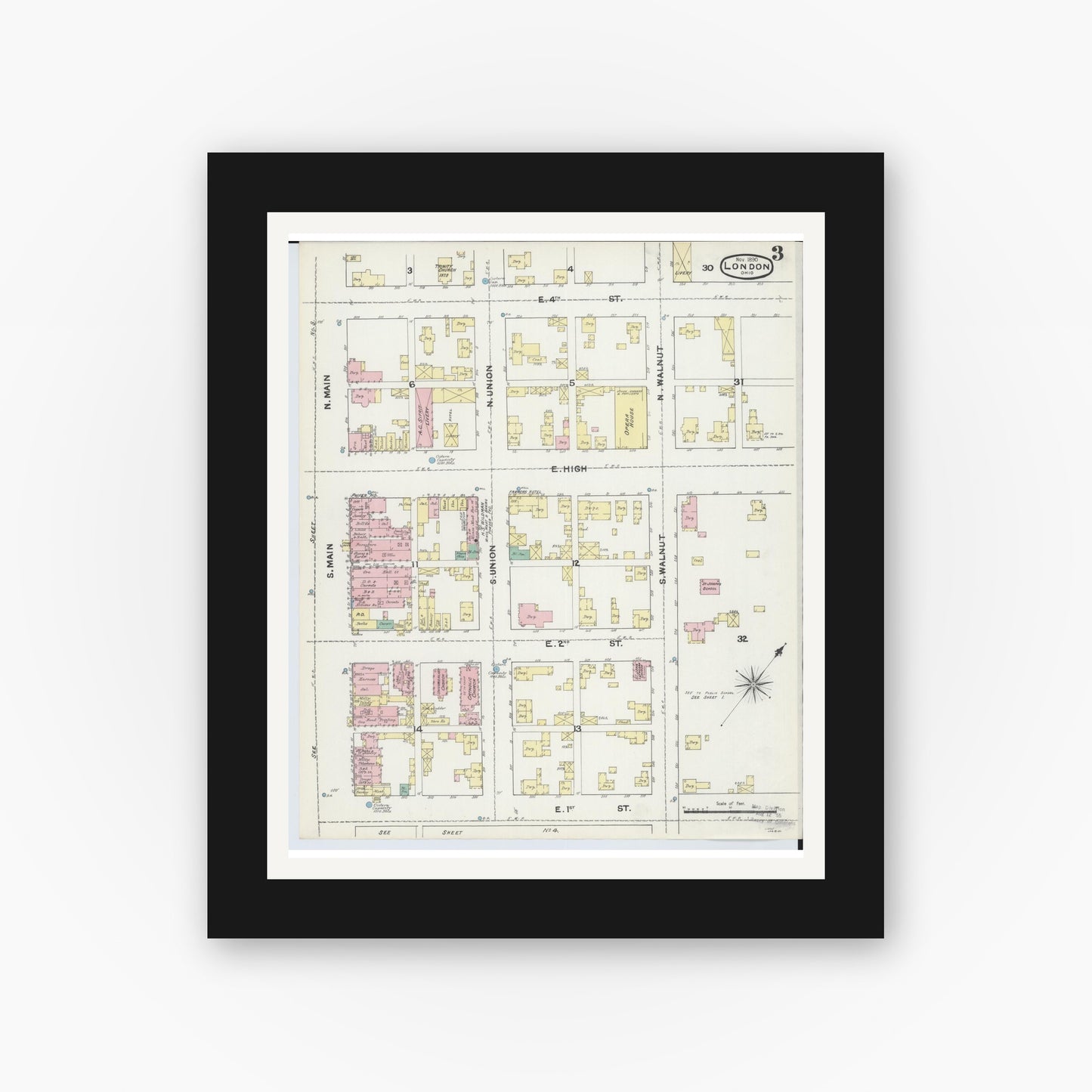Old map wall art mockup — black gallery frame with white mat — Sanborn Fire Insurance Map from London, Madison County, Ohio (1890), Sheet #0003